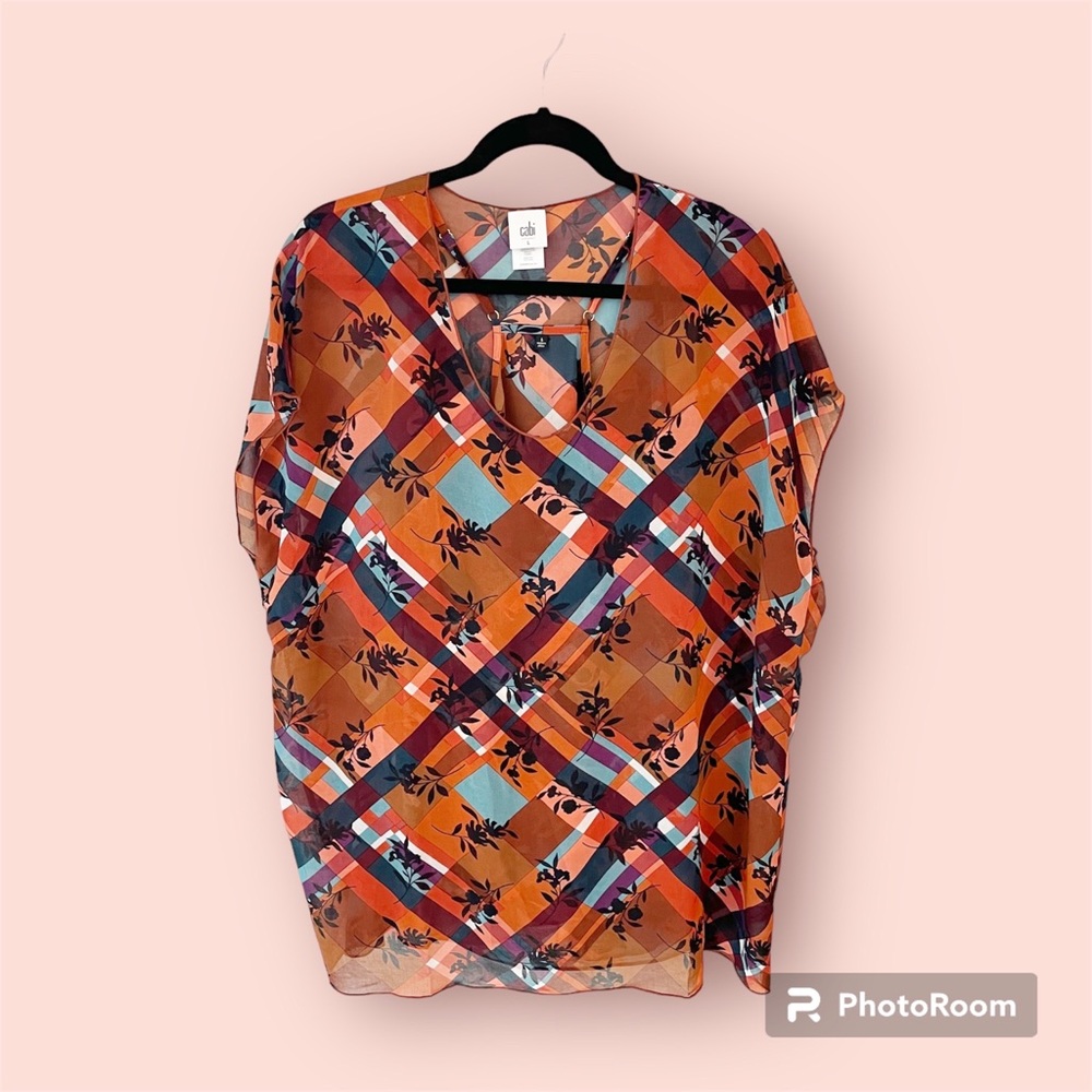 #3773 - Cabi Lattice Top - Women’s 2 piece Orange Blue Floral Cami & Tunic Set